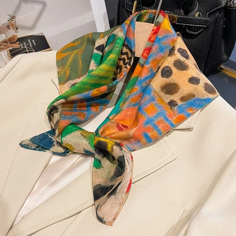 Elegant Square Scarf Mulberry Satin Cotton Blend Floral Leopard Geometric Print Lightweight Breathable Neck Wrap For Women