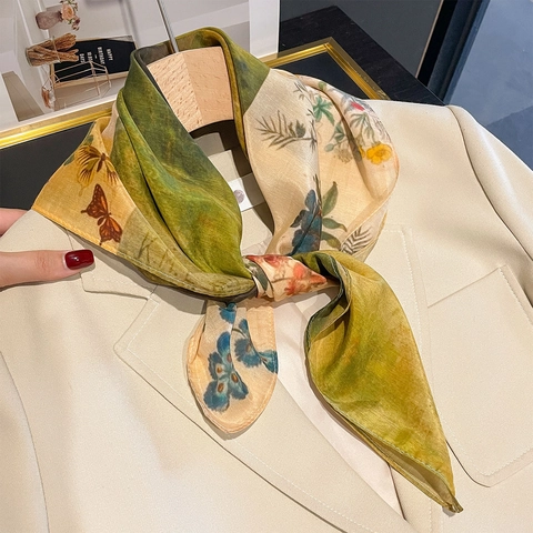 Vintage Floral Butterfly Print Square Scarf Elegant Mulberry Satin Cotton Lightweight Neck Scarf Shawl For Women