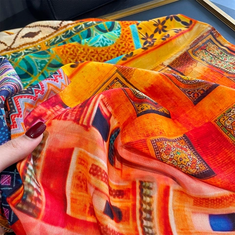 Vierkante Sjaal MoerbeiSatijn Katoen Bedrukt Boheems Geometrisch Nek Hoofd Wrap Mode Accessoires Dames