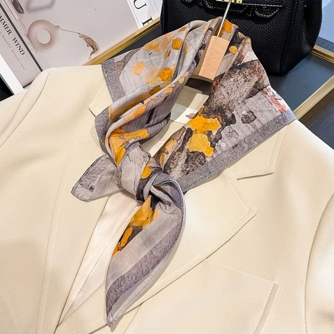 Abstract Print Square Scarf Women Mulberry Satin And Cotton Lightweight Sun Protection Neck Scarf Bandana Fashionable