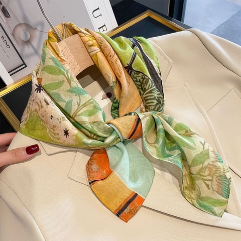 Elegante Foulard Quadrato Da Donna Misto Cotone Raso Di Gelso Stampa Floreale Botanica Retro Protezione Solare Leggera