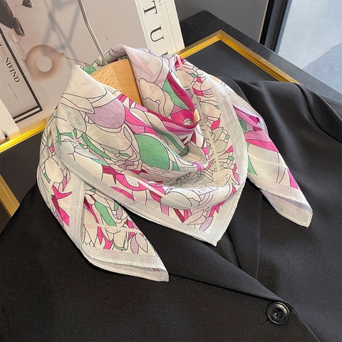 Floral Print Square Scarf Mulberry Satin And Cotton Blend Thin Sun Protection Elegant Neck Kerchief For Women