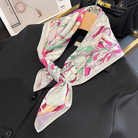 Floral Print Square Scarf Mulberry Satin And Cotton Blend Thin Sun Protection Elegant Neck Kerchief For Women
