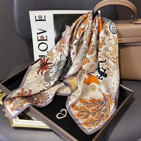 Carré En Satin De Mûrier Sergé Illustration Animale Imprimé Mythique Design De Niche Foulard Protection Solaire Léger