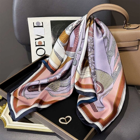 Mulberry Satin Square Scarf Vintage Equestrian Military Print Twill Neck Kerchief Head Wrap Elegant Fashion Accessories