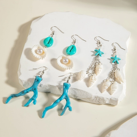 Ensemble Boucles D'Oreilles Coquillage Thème Océan Acrylique Résine Corail Étoile De Mer Vacances Bohème Pour Femmes