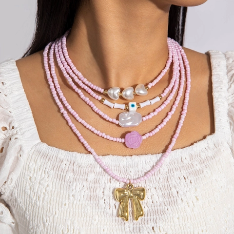 Multi Layer Beaded Necklace With Resin Flower Metal Bow Pendant Bohemian Pastoral Style Pink Jewelry For Women