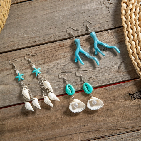 Ensemble Boucles D'Oreilles Coquillage Thème Océan Acrylique Résine Corail Étoile De Mer Vacances Bohème Pour Femmes