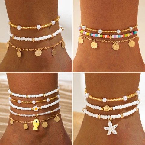 Tobilleras Multicapa Bohemias Oro Aleación Abalorios Estrella de Mar Concha Mariposa Playa Verano Joyería para Mujer
