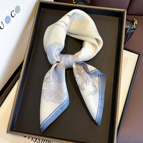 Mulberry Satin Square Scarf Elegant Floral Print Double Sided Different Color Twill Neck Head Kerchief For Women