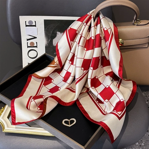 Foulard Quadrato Elegante In Raso Di Gelso Saia Stampa A Quadri Sciarpa Da Collo Per Donna Accessori Di Moda