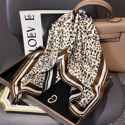 Leopard Print Square Scarf Pure Mulberry Satin Twill Stripe Border Fashion Elegant Neck Wrap For Women