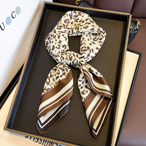 Leopard Print Square Scarf Pure Mulberry Satin Twill Stripe Border Fashion Elegant Neck Wrap For Women