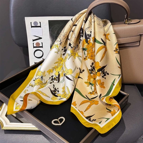 Elegant Square Scarf Pure Mulberry Satin Twill Vintage Floral Printed Retro Double Sided Neckerchief For Women