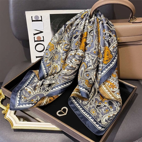 Mulberry Satin Square Scarf Paisley Floral Pattern Elegant Fashion Office Accessory For Women