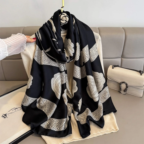 Elegant Camellia Flower Print Long Scarf Shawl Lightweight Polyester Faux Satin Satin Sun Protection Wrap For Women