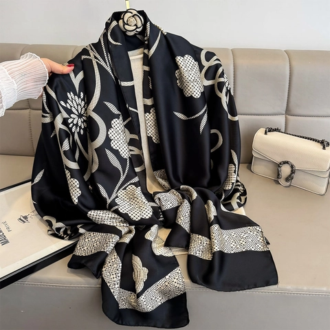 Elegant Camellia Flower Print Long Scarf Shawl Lightweight Polyester Faux Satin Satin Sun Protection Wrap For Women