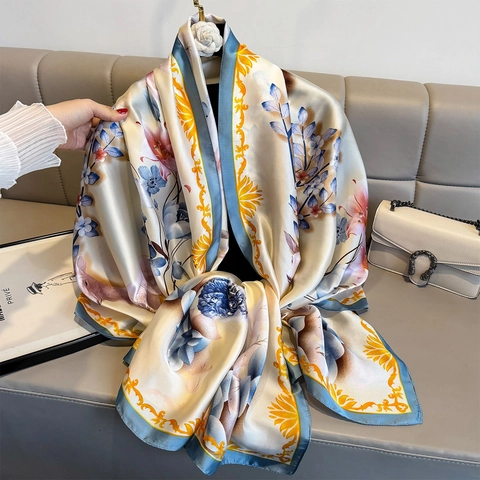 Elegante Bufanda de Satén para Mujer Patrón Floral Ciervo Chal Protección Solar Envoltura Grande de Poliéster