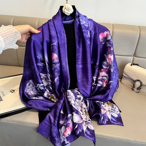 Large Floral Print Scarf Faux Satin Satin Shawl Summer Sun Protection Beach Wrap Elegant Flower Lightweight Women