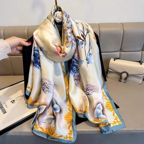 Elegante Bufanda de Satén para Mujer Patrón Floral Ciervo Chal Protección Solar Envoltura Grande de Poliéster