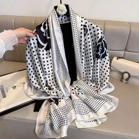 Elegante Bufanda Larga De Satén Sintética Satén Con Lunares Estampado De Camelia Chal De Protección Solar Para Mujeres Estilo Vintage Francés Ligero