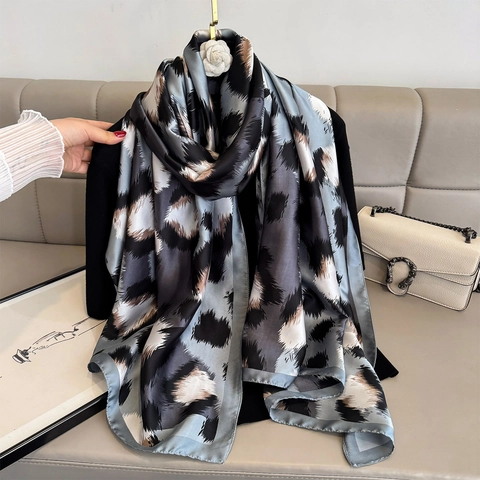 Leopard Print Scarf Faux Satin Large Sun Protection Beach Wrap Versatile Elegant Women Head Scarf