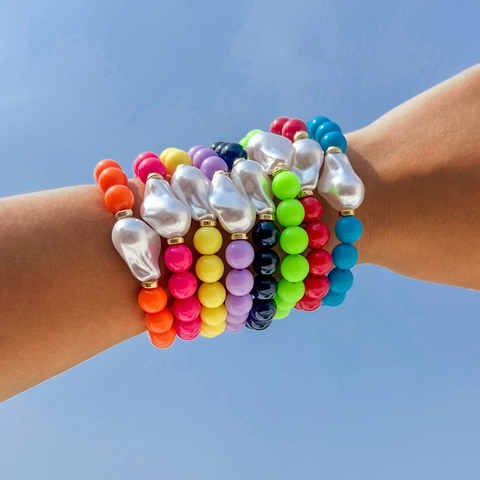 Pulsera De Cuentas Con Perla Artificial De Imitación Barroca Irregular Y Cuentas De Resina Coloridas CCB Elástica Joyería Playa Vacaciones