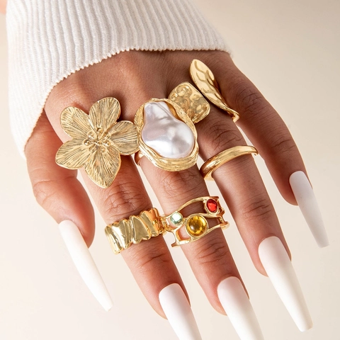 Vintage Barock Perle Ring Set Für Damen Gold Silber Vergoldet Legierung Blumen Geometrisch Strass Harz Mode Schmuck Zubehör