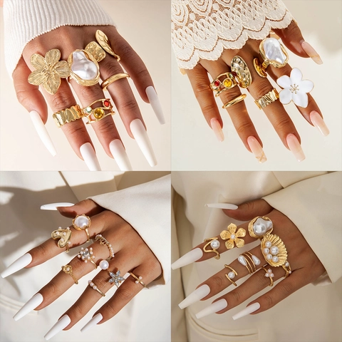 Vintage Barock Perle Ring Set Für Damen Gold Silber Vergoldet Legierung Blumen Geometrisch Strass Harz Mode Schmuck Zubehör