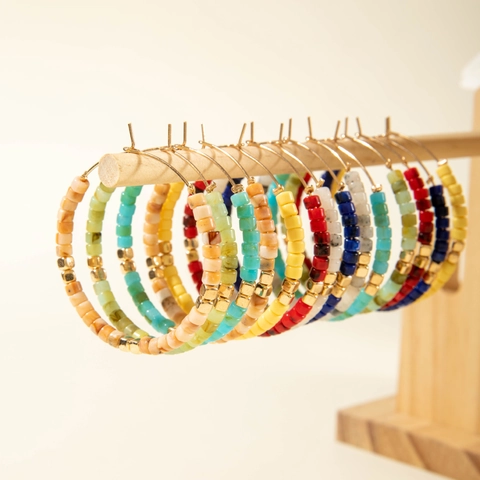 Colorful Resin Beaded Hoop Earrings For Women Large Bohemian Geometric Circle Vintage French Luxury Style Jewelry
