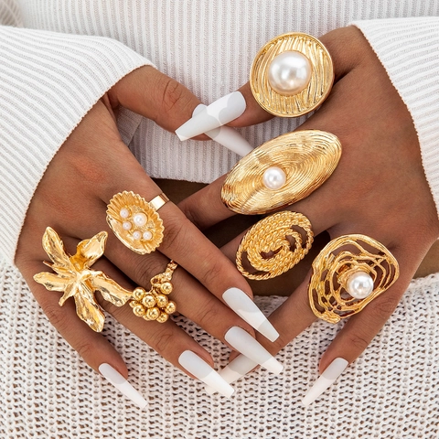 Vintage Adjustable Statement Rings Alloy Faux Artificial Pearl Flower Shell Geometric Jewelry Accessory For Women Trendy