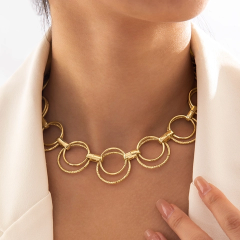 Geometric Chunky Necklace Alloy Interlocking Round Rings Square Clear Rhinestone Statement Retro Choker For Women