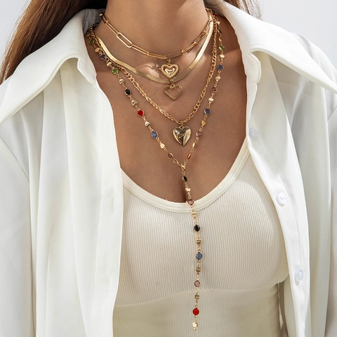 Mehrlagige Halskette Goldlegierung Herzanhänger Bunte Strasssteine Eleganter Vintage Schmuck Für Frauen