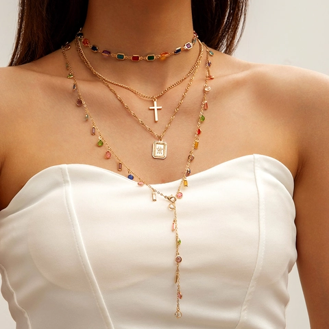 Collana A Strati Boho Rame Strass Colorati Ciondolo Croce Medaglia In Rilievo Gioielli Vintage Per Donna