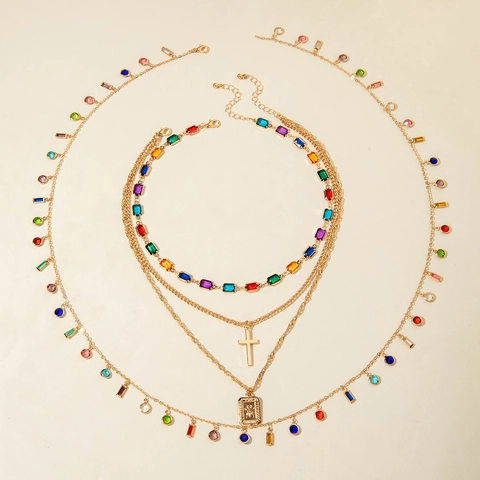 Collana A Strati Boho Rame Strass Colorati Ciondolo Croce Medaglia In Rilievo Gioielli Vintage Per Donna