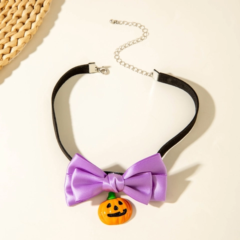 Collier Choker Halloween Avec Nœud Violet Pendentif Citrouille Ruban Polyester Noir Bijoux De Fête Ajustables Pour Femmes