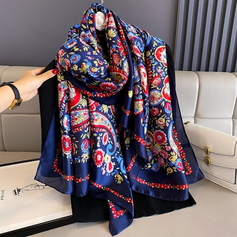 Écharpe Châle Imprimé Paisley Floral Fausse Satin Protection Solaire Élégante Pashmina Léger Pour Femmes Style Luxe Vintage
