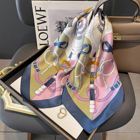Mulberry Satin Square Scarf Women Equestrian Print Horsebit Patchwork Elegant Commuter Head Handbag Neck Wrap
