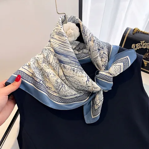 Elegant Satin Scarf 100% Mulberry Satin Square Neck Kerchief Traditional Chinese Landscape Print Sun Protection For Women