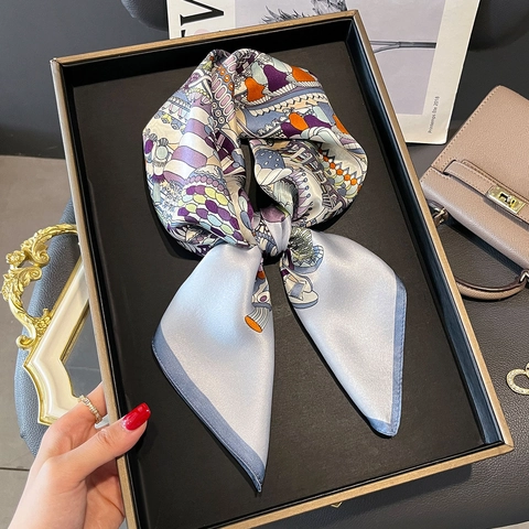 Mulberry Satin Scarf Women Small Square Artistic Print Elegant Retro Fashion Neck Accessory Lightweight Satin Wrap
