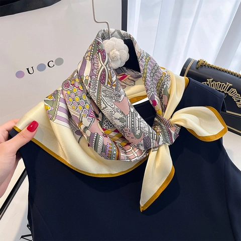 Mulberry Satin Scarf Women Small Square Artistic Print Elegant Retro Fashion Neck Accessory Lightweight Satin Wrap