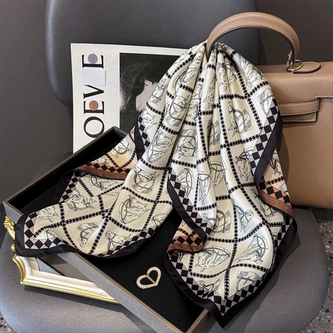 Carré De Satin Twill Imprimé Équestre Cheval Bordure Damier Double Face Élégant Foulard Pour Femmes
