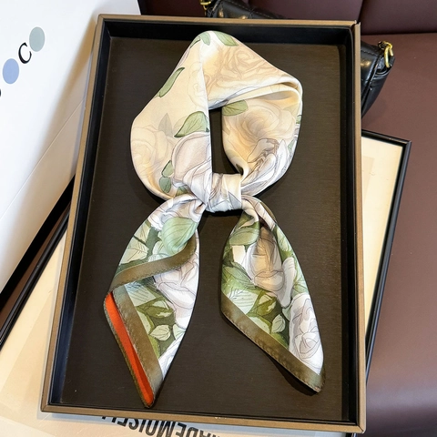 Mulberry Satin Square Scarf Floral Rose Printed Double Sided Contrast Edge French Vintage Elegant Lightweight Versatile