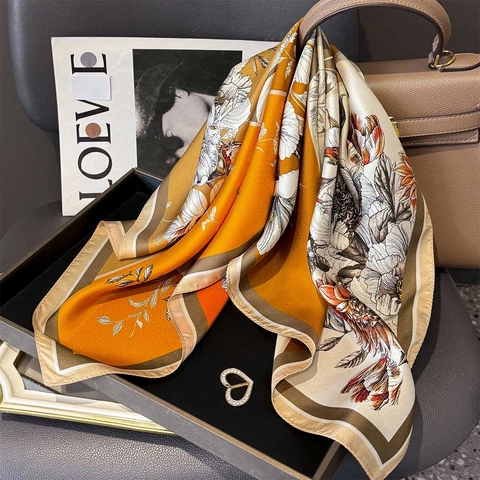 MaulbeerSatin Quadratischer Schal Twill Elegant Blumendruck Geometrisches Patchwork Halstuch Damen