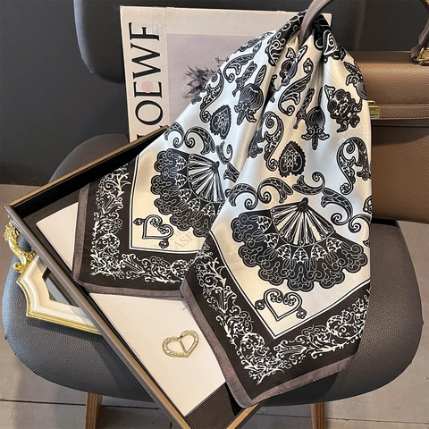 French Print Pure Mulberry Satin Square Scarf Elegant Baroque Paisley Pattern Professional Neckerchief Women Office Decor