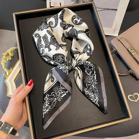 French Print Pure Mulberry Satin Square Scarf Elegant Baroque Paisley Pattern Professional Neckerchief Women Office Decor