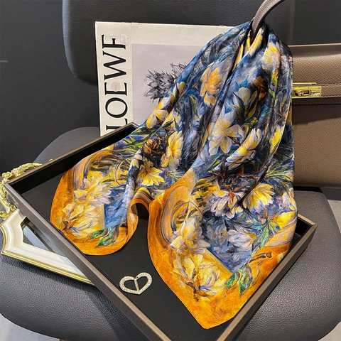 Foulard Quadrato In Raso Di Gelso Con Stampa Floreale Pittura Ad Olio Artistica Sciarpa Elegante Versatile Donna