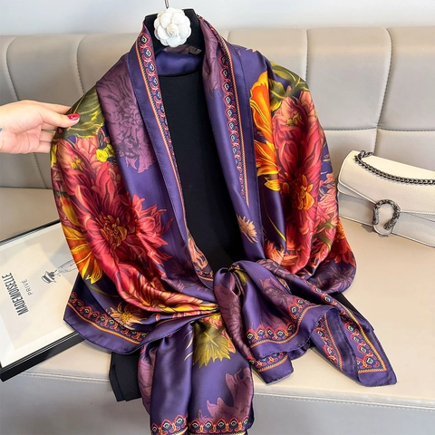 Purple Floral Sunflower Print Shawl Women Elegant Imitation Satin Polyester Satin Scarf Beach Sun Protection Wrap