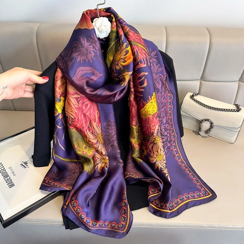 Purple Floral Sunflower Print Shawl Women Elegant Imitation Satin Polyester Satin Scarf Beach Sun Protection Wrap