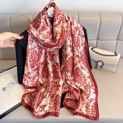 Elegante Sciarpa Lunga Scialle Raso Di Raso Sintetica Retro Barocco Damasco Stampa Floreale Lussuoso Involucro Da Viaggio Per Donne
